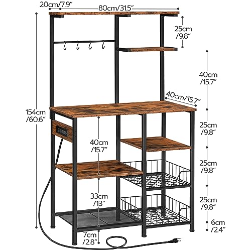 HOOBRO Large Bakers Rack with Power Outlets, 6-Tier Microwave Stand with 4 Hooks, Coffee Bar, Kitchen Shelf with Wire Basket, for Kitchen, Living Room, Office, Rustic Brown and Black BF64UHB01 - color: Rustic Brown + Black