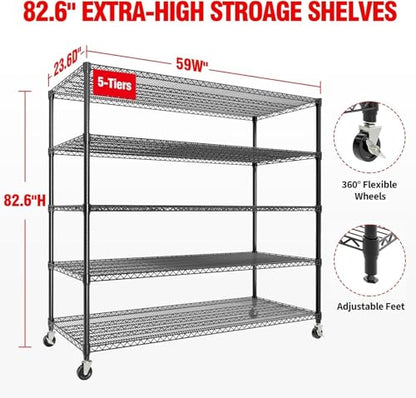 Garvee 3300LBS Storage Shelves 5 Tier Metal Shelving with Wheels, 82" H | 23.6"D,Heavy Duty, Wire Shelving Rack, Adjustable, Shelf Organizers for Garage Kitchen Pantry, Tool-Free Assembly, Black - size: 23.6"D x 59"W x 82.6"H(5-Tier)