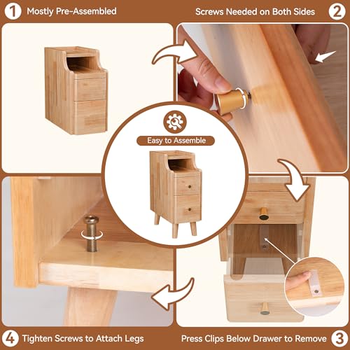 Narrow Nightstand Set of 2, 19.7" H Pre-Assembled Solid Wood Small Skinny Night Stand with Drawers, Open Sliding Shelf, Mid Century Modern Slim Bedside Table for Bedroom, Natural Oak,8" - color: Oak-2pack, size: 8"