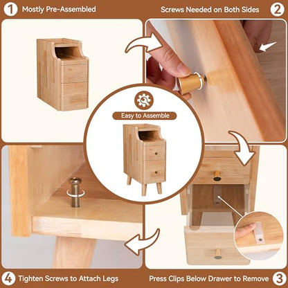 Narrow Nightstand with Drawers, 19.7" H Pre-Assembled Solid Wood Small Skinny Night Stand with Open Sliding Shelf, Mid Century Modern Slim Bedside Table for Bedroom, Natural Oak,8" - color: Oak, size: 8"