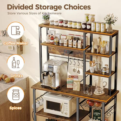 SUPERJARE Large Bakers Rack with Power Outlets, 6-Tier Microwave Stand, Coffee Bar with 12 S-Shaped Hooks, Kitchen Shelf with Wire Basket, 39.4 x 14.6 x 66.9 Inches, Rustic Brown - color: Rustic Brown, size: 39.4inch