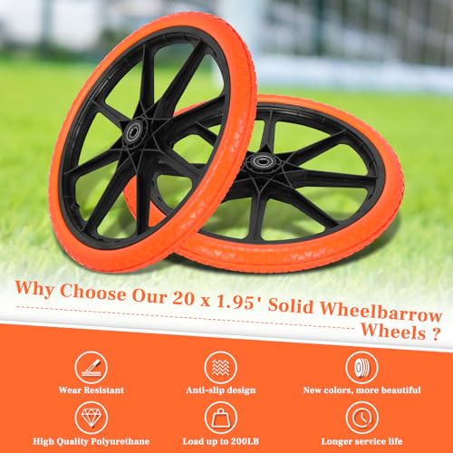 Upgraded 20x1.95" Flat Free Tires for rubbermaid Wheelbarrow Wheels | 20" Flat Free Tires with 5/8" and 3/4" Bearing Replacement for rubbermaid Cart Wheels/Big Wheel Utility Carts - color: Orange