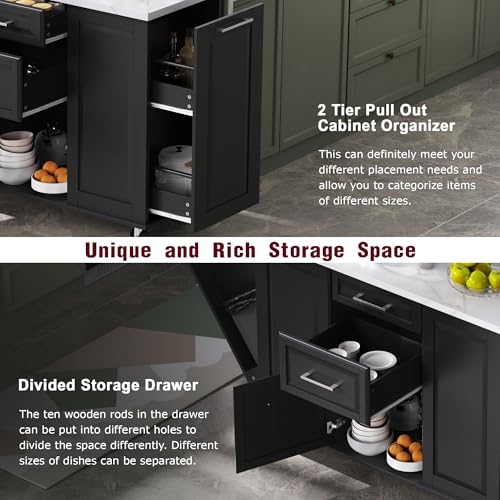 Kitchen Island with Trash Can Storage Cabinet and Faux Marble Top | Black, 50.7" Rolling Kitchen Cart on Wheels with Drop Leaf, Spice Rack, Towel Rack and Adjustable Shelf for Dining Room - color: Black