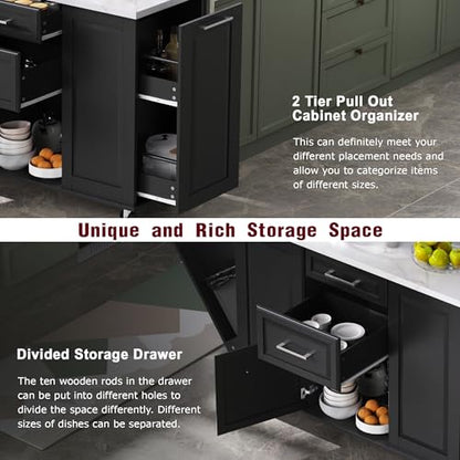 Kitchen Island with Trash Can Storage Cabinet and Faux Marble Top | Black, 50.7" Rolling Kitchen Cart on Wheels with Drop Leaf, Spice Rack, Towel Rack and Adjustable Shelf for Dining Room - color: Black
