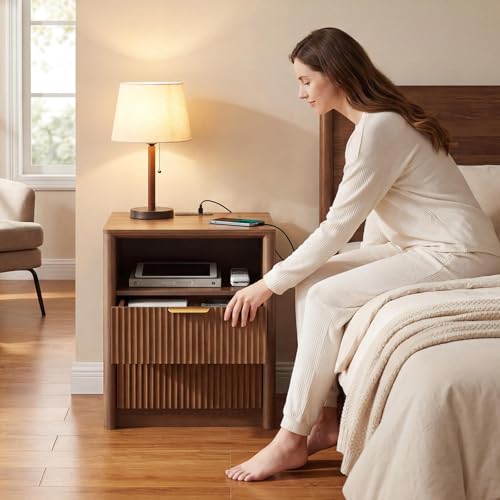 LYNCOHOME 19.7" Fluted Nightstand with Charging Station, 2 Drawer Bedside Table, Modern Night Stand with Curved Edge Design, Wooden End Table for Bedroom, Rounded Night Stand with Storage, Walnut - size: 15"D x 19.7"W x 24.2"H（2 Drawers）