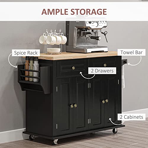 HOMCOM Kitchen Island Cart with Solid Wood Top, 44" Mobile on Wheels, Black | Kitchen Island Table, Storage Cabinets, 2 Drawers, Adjustable Shelves, Spice Rack, Towel Bar, Dining Room - color: Black