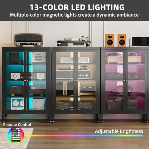 Metal Media Cabinet with 13-Color LED Lights & Swivel Wheels, 4-Tier Stereo Cabinet with Glass Doors, Adjustable Shelves AV Rack with Cable Management, Black - color: Black, style: Swivel Wheels + RGB Lights