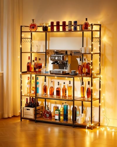 Garvee Kitchen Bakers Rack with Power Outlet 55 * 66inch, Microwave Oven Stand with Storage 4 Tiers, Coffee Bar Table with 6 S Hooks, Kitchen Storage Shelf Rack for Spices, Pots, Rustic Brown - size: 55*66