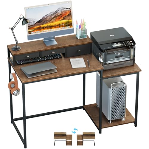 SINPAID 47 inch Computer Desk with Printer Shelf, Gaming Desk with Monitor Stand and Drawers, Reversible Home Office Desk with Storage Shelves and 2 Hooks, Home Workstation for Study Writing, Walnut - color: Walnut