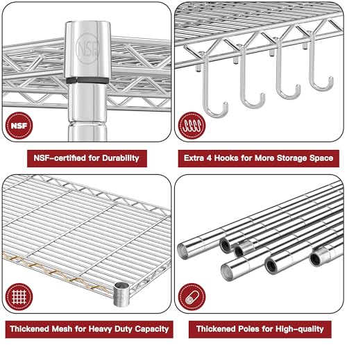 PrimeZone 75" H Wire Shelving 5 Tier Slim Steel Storage Metal Shelves with Wheels,Adjustable Kitchen Utility Shelving Unit,Pantry Rack Rolling Metal Shelf Chrome 24" Wx18 Dx75 H - size: 24" W x 18" D x 75" H