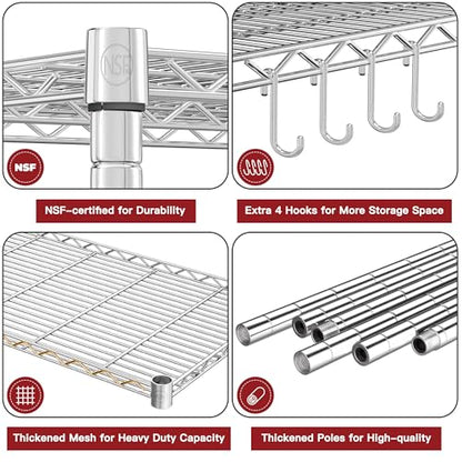 PrimeZone 75" H Wire Shelving 5 Tier Slim Steel Storage Metal Shelves with Wheels,Adjustable Kitchen Utility Shelving Unit,Pantry Rack Rolling Metal Shelf Chrome 24" Wx18 Dx75 H - size: 24" W x 18" D x 75" H