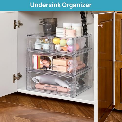 Vtopmart Clear Stackable Storage Drawers Set of 6, Easily Assemble Acrylic Bathroom Undersink Organizers,Plastic Storage Bins for Closet,Cabinet,Pantry,Medicine Organization - style: 4 Small+2 Wide