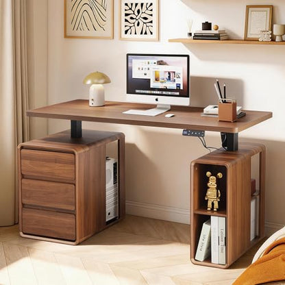 Electric Standing Desk with Drawers, 55" Office Desk Height Adjustable Executive Desk with Storage Shelves, Simple Setup Wood Desk Home Office Stand up Desk for Work, Study, Writing, Walnut - color: Walnut
