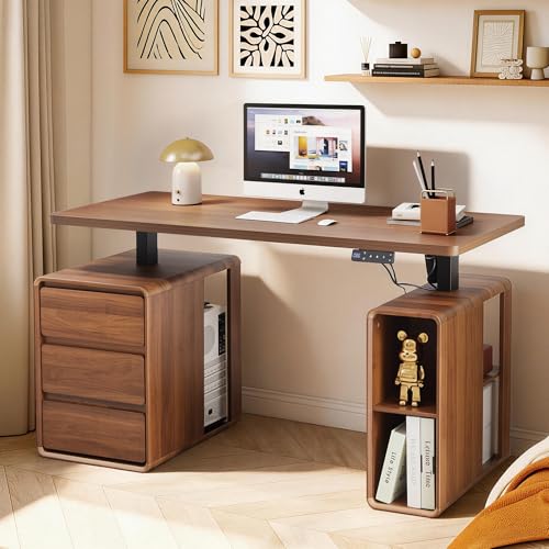 Electric Standing Desk with Drawers, 55" Office Desk Height Adjustable Executive Desk with Storage Shelves, Simple Setup Wood Desk Home Office Stand up Desk for Work, Study, Writing, Walnut - color: Walnut