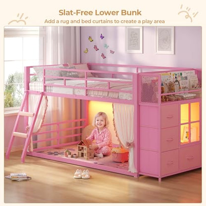 BTHFST Low Bunk Bed Twin Over Twin with 7 Large Fabric Drawers & Bookshelf, Metal Bunk Bed with RGB LED Lights & Slanted Ladder & Safety Guardrail, Space-Saving Kids Low Loft Bed Twin, Pink - color: Pink