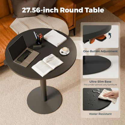 28" Pneumatic Height Adjustable Round Side Table, Gas Lift Pedestal Drink End Table, Small Accent Nightstand for Living Room Sofa Couch, Black - color: Black, size: 27.56"
