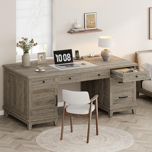 Garvee 60" Wooden Home Office Desk with File Drawers, Executive Desk with Adjustable Cabinet, Farmhouse Wood Desk with Power Outlet, Distressed Study and Work Table, Rustic Grey - color: Rustic Grey, size: 60" W