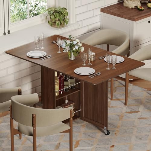 3imothrix Folding Dining Table, Dinner Table with Drawer and Storage and Shelves, Space Saving Dining Table with 6 Wheels, Kitchen Table for Small Spaces (Walnut) - color: Walnut