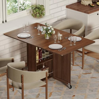 3imothrix Folding Dining Table, Dinner Table with Drawer and Storage and Shelves, Space Saving Dining Table with 6 Wheels, Kitchen Table for Small Spaces (Walnut) - color: Walnut