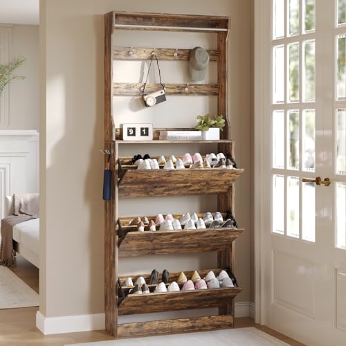 Wodeer Tall Shoe Cabinet with Coat Rack, Hidden Shoe Storage Cabinet with Doors & Drawer, Hanging Bar & Hooks, Slim Narrow Freestanding Shoe Rack Organizer for Entryway, Hallway & Living Room, Brown - color: Brown, style: Tall 3 Drawers