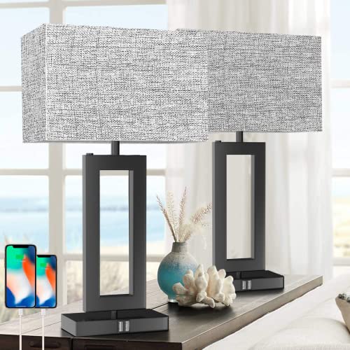 MoMyofdy 22’’ Tall Set of 2 Touch Control Table Lamp w. 2 USB Ports, 3-Way Dimmable Modern Bedroom Bedside Touch Lamps w. Fabric Gray Shade for Living Room End Table Nightstand Reading - color: Grey-Daylight, size: 22IN