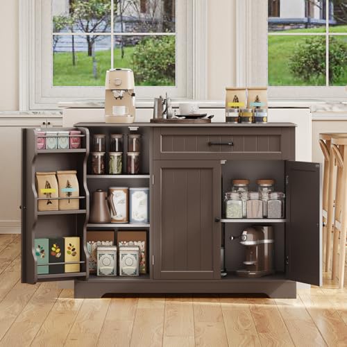 Gizoon Kitchen Coffee Bar Cabinet with Storage Kitchen Sideboard Buffet Cabinet with Drawers, Short Pantry with Door and Shelves for Bathroom and Living Room, Dark Brown, Painted - color: Dark Brown, size: 42"W (3 Doors + 1 Drawer)