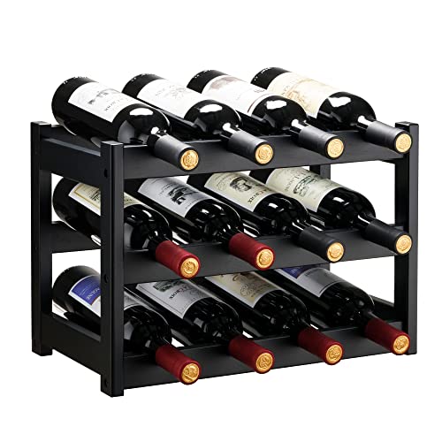 VASMIA Bamboo Wine Rack, Sturdy and Durable Wine Storage Cabinet Shelf, Wine Racks Countertop for Pantry,Kitchen,3-Tier 12 Bottles Wine Rack Black - color: Black, size: 3 Tiers