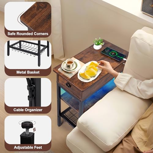 Narrow Nightstand with LED Light, End Tables Bedroom with Charging Station, LED Side Table Living Room with Drawer Storage, Small Bedside Table with Ports and Outlets for Gaming Room - color: Rustic Brown With Light, style: Modern