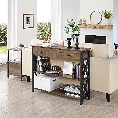 Topeakmart Industrial Console Table Sofa Table with Storage for Entryway, 3 Tier Console Table with Drawer Sturdy Hallway Table for Living Room, X Design, Taupe Wood - color: Taupe Wood, style: without Power Outlet