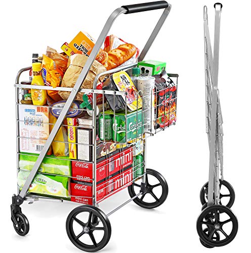 Wellmax Folding Grocery Cart with Wheels, Heavy Duty Metal Utility Cart with Mesh Bottom, Extra Rear Basket, 160 lb Capacity, Dual Swivel Wheels, Foldable Trolley for Groceries & Laundry - size: Jumbo
