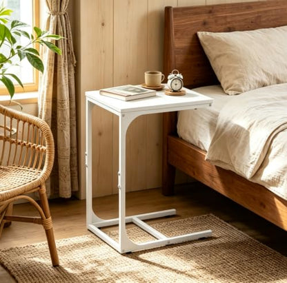 WLIVE C Shaped End Table, Small Couch Side Tables with Metal Frame, Sofa Table TV Tray for Living Room, Bedroom, White - color: White