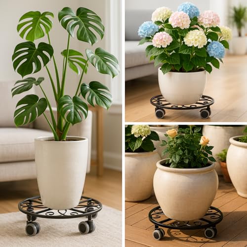 3 Pack Plant Caddy with Wheels Heavy Duty 11.8 Inches Metal Plant Stand with Wheels Plant Dolly Rolling Plant Stand Plant Roller with Casters for Indoor and Outdoor (3, Black) - color: Black
