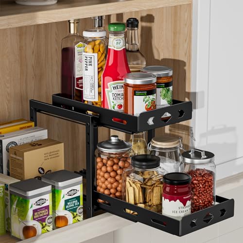 Pull Out Spice Racks for Inside Cabinets, 2 - Tier Cabinet Spice Rack Organizer, Height Adjustable Vertical Spice Rack for Cabinet, Kitchen, Pantry, Cupboard (7.5''Wx10.8''Dx9.2''H, Metal Black) - size: 7.5''Wx10.8''Dx9.2''H,2 Tier