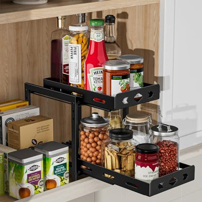 Pull Out Spice Racks for Inside Cabinets, 2 - Tier Cabinet Spice Rack Organizer, Height Adjustable Vertical Spice Rack for Cabinet, Kitchen, Pantry, Cupboard (7.5''Wx10.8''Dx9.2''H, Metal Black) - size: 7.5''Wx10.8''Dx9.2''H,2 Tier
