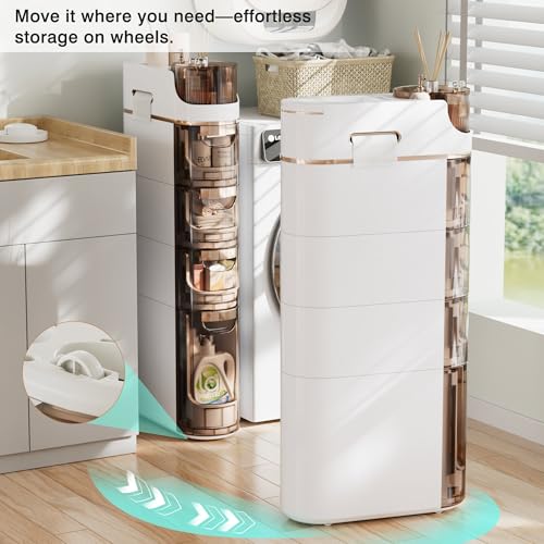 VECELO 4-Tier Slim Bathroom Storage Cabinet with Wheels, Skinny Bathroom Storage Cabinet with Drawers, Toilet Paper Holder, Movable Narrow Floor Cabinet for Small Space, Bathroom - size: 16.14" x 6.69" x 34.84"