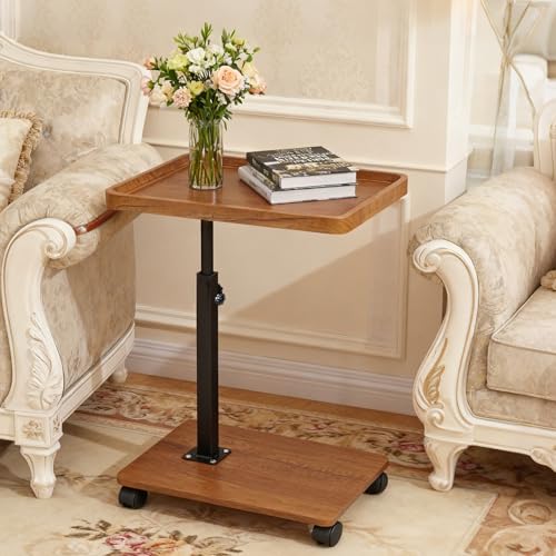 Simcat C Table End Table Adjustable Height, 360° Swivel TV Tray Table for Small Spaces, Couch Tables that Slide Under, C Shaped End Tables with Wheels for Couch Living Room Bedside TV(Brown) - color: As Picture Shows