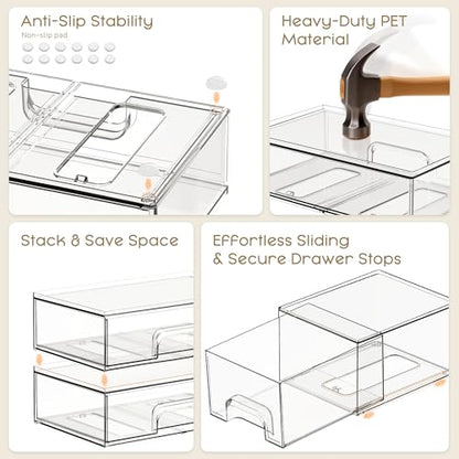 Criusia Stackable Storage Drawers, 4 Pack Clear Plastic Makeup & Bathroom Organizer, Versatile Storage Bins for Vanity, Under Sink, Kitchen Cabinets & Pantry - size: 4 PACK