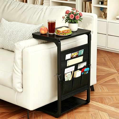 Black TV Tray, Small Sofa Side Table Trays TV Tables for Eating Couch Stand | Couch Table that Slide Under Laptop C Shaped End Snack Food Breakfast Drink Over Dinner Recliner Chair Living Room ET-P-BKW1 - color: Black
