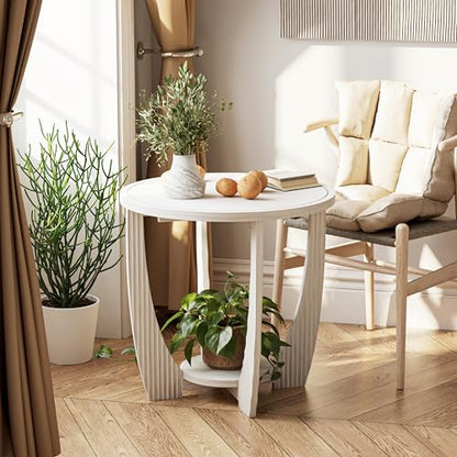 COZAYH Rustic Farmhouse end Table X 2P with Storage Shelf, French Country Accent Side Table for Family, Dinning or Living Room, Small Spaces, Modern, Round, White - color: White
