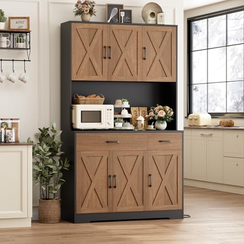 HOSTACK 71" Pantry Cabinet with Charging Station, Tall Kitchen Pantry Storage Cabinet with Microwave Stand, Farmhouse Kitchen Hutch with Storage Drawers for Living Room, Dining Room, Brown/Black - color: Brown/Black