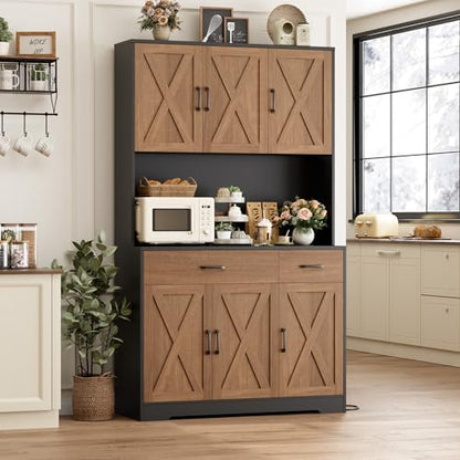 HOSTACK 71" Pantry Cabinet with Charging Station, Tall Kitchen Pantry Storage Cabinet with Microwave Stand, Farmhouse Kitchen Hutch with Storage Drawers for Living Room, Dining Room, Brown/Black - color: Brown/Black
