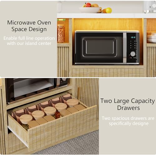 Kitchen Island with Storage, Island Table for Kitchen with Power | Outlet & LED Light, Bar Cart on Wheel Rolling Buffet Cabinet with Fluted Sliding Door, 2 Drawers, Large Countertop, Natural - color: Natural
