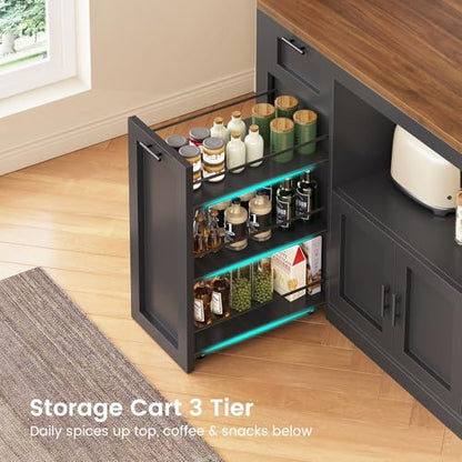 Itaar 71" Pantry Cabinet with Charging Station and LED Light, Kitchen Pantry Cabinet with Microwave Stand, 47.2" Wide Kitchen Storage Cabinets with Storage Cart 3 Tier for Dining Room, Black - color: Black