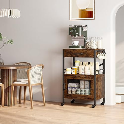 Homeiju Kitchen Island Cart, Kitchen Storage Cart with Drawer, Microwaves Stand, Coffee Cart, Rolling Kitchen Cabinet Cart with Hooks for Kitchen, Dining Room - color: Black and Brown
