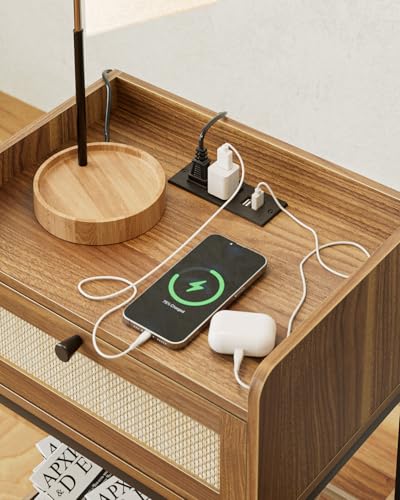 Nightstand with Charging Station,3-Tier Bedside Table for Small Space,Modern Night Stand with Storage Drawer and Shelf,Small Side Table for Bedroom,Living Room,Walnut Brown - color: Walnut With Charging Station