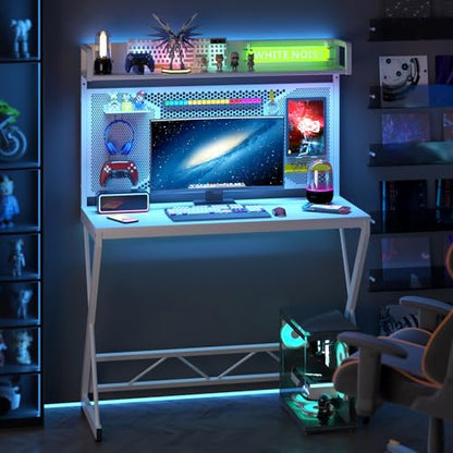 Elephance Small Gaming Desk with Pegboard, 39 Inch Computer Desk with Storage Shelves, Modern Office Desk for Study Work Home Office, Small Spaces, White
