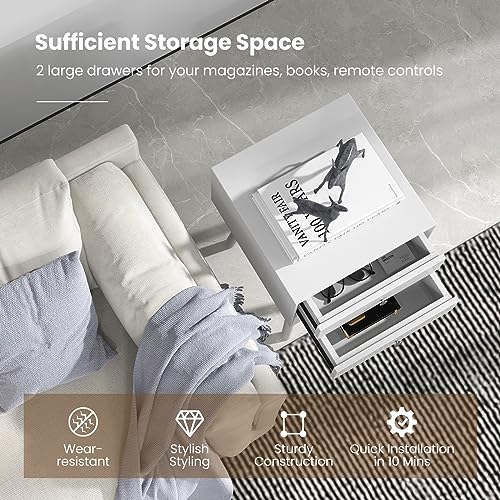 GOFLAME Nightstand with 2 Drawers, Small Wooden Side Table, Mid Century Modern Bedside Table with Storage, Compact End Table for Bedroom, Easy Assembly, White - color: White