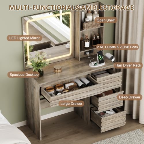 Makeup Vanity Desk with Lights, Fluted Vanity with 4 Drawers, Open Shelves, Power Outlet, LED Lighted Mirror, 3 Lighting Modes & Brightness Adjustable, Wood Dressing Table for Bedroom,Wood Grey - color: Wood Grey