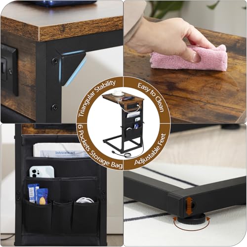 AMHANCIBLE C Shaped End Table with Charging Station, Couch Side Tables that Slide Under Sofa with Storage Bag, Slim TV Tray with USB Ports for Living Room, Bedroom, Rustic Brown HET04CBR - color: Rustic Brown