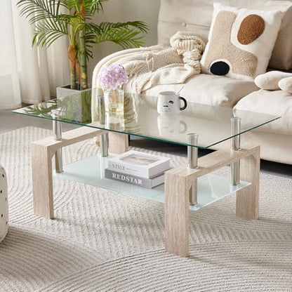 Living Room Rectangle Coffee Table, Tea Table Suitable for Waiting Room, Modern Side Coffee Table with Wooden Leg, Glass Tabletop with Lower Shelf (Yellow Travertine) - color: Yellow Travertine